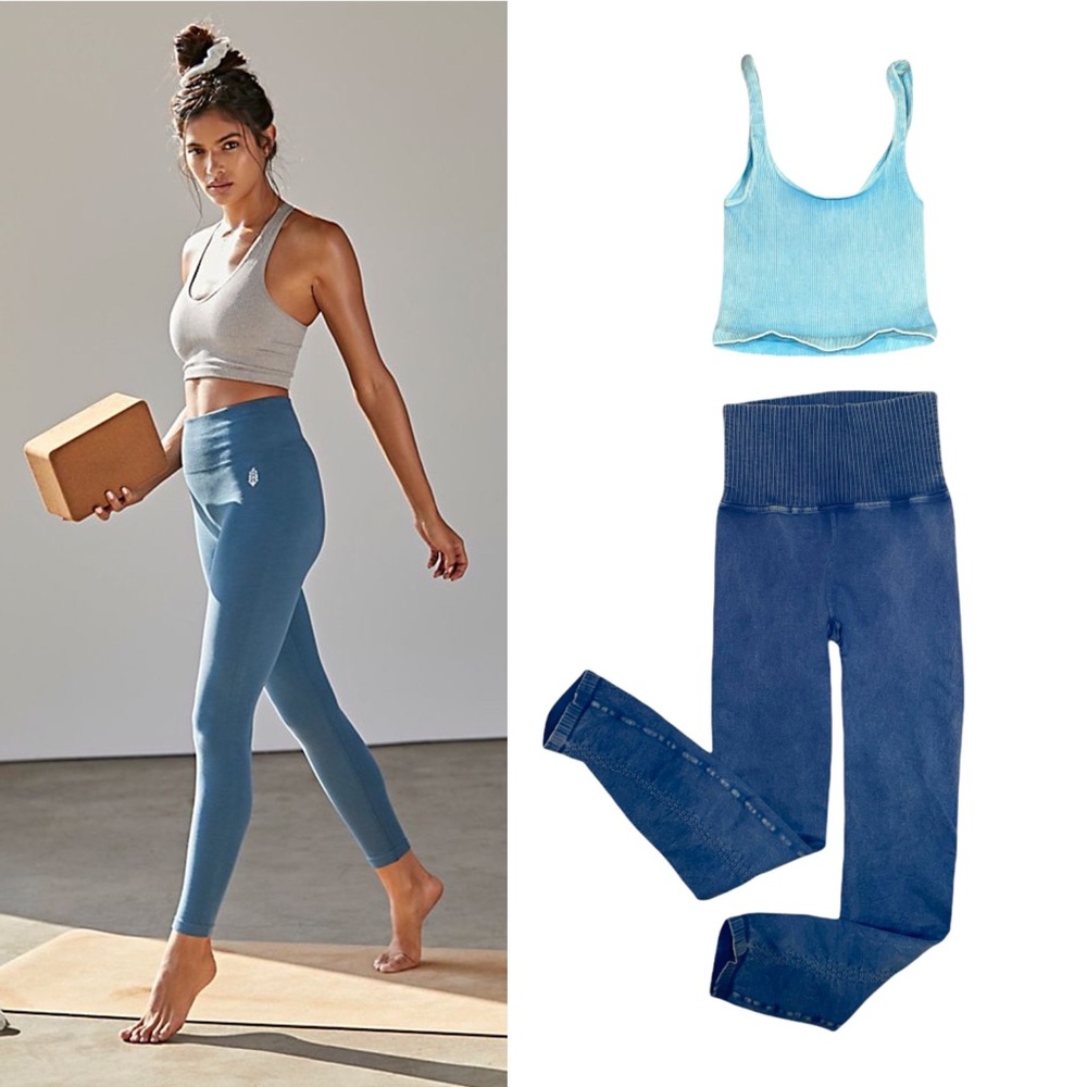 Free People Blue High-Rise Ribbed Leggings